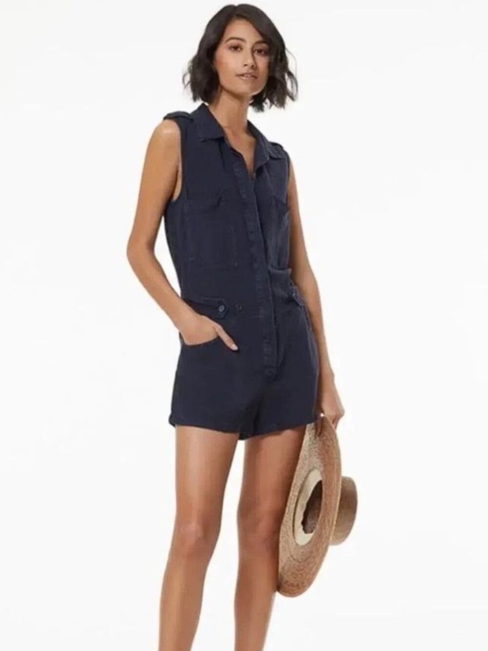 YFB Women's Hudson Romper Linen Blend Size M in Navy